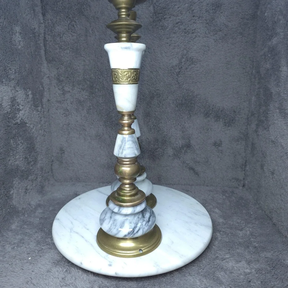 Vintage Brass Marble Candlestick Holders White Stone Taper Pillar Pair Decor 15